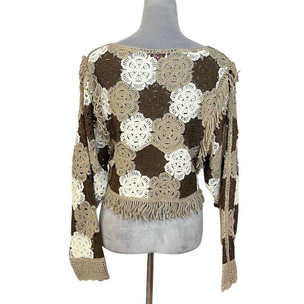 Pink Lily Women's Bohemian Opek Knit Crochet Fringe Sweater Brown S/M Floral - Picture 6 of 13